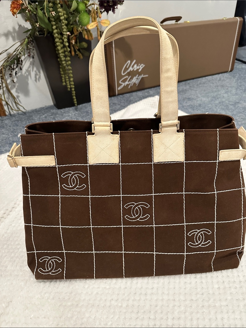CHANEL Brown Canvas Tote with Cream Canvas Handles with COA